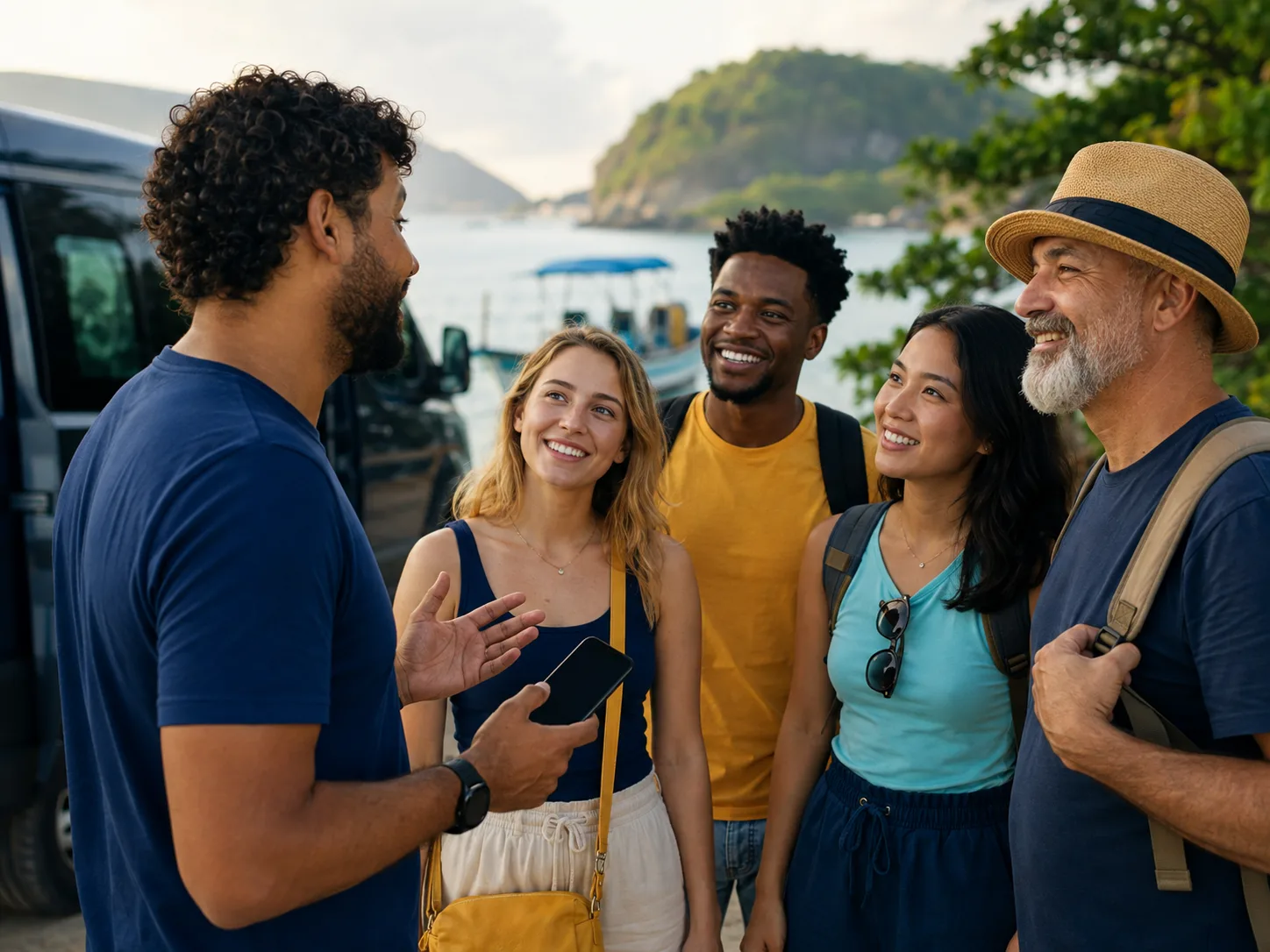 Profissional de turismo recebendo um grupo de viajantes no início de um passeio